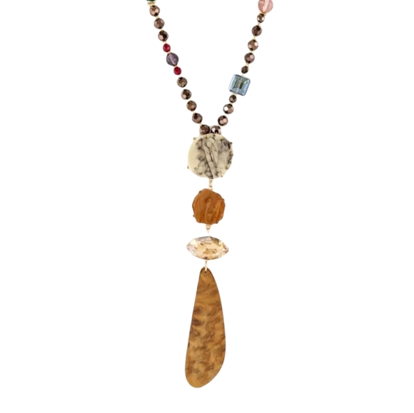 Bold Statement Pendant Necklace Celluloid & Stone Mix Media Gold Link Chain - Picture 1 of 9